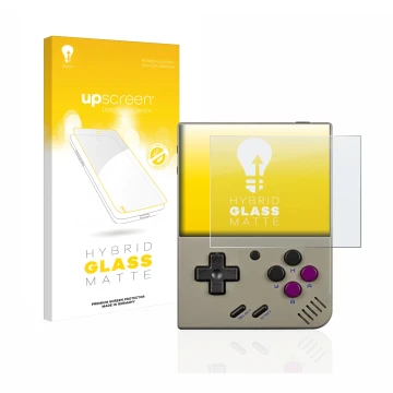 Face avant d’un emballage produit avec le logo de la marque upscreen. À côté, l’appareil Miyoo Mini Plus est représenté avec l