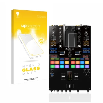 Face avant d’un emballage produit avec le logo de la marque upscreen. À côté, l’appareil Pioneer DJM-S11 est représenté avec l