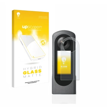 Face avant d’un emballage produit avec le logo de la marque upscreen. À côté, l’appareil Ricoh Theta X est représenté avec la 