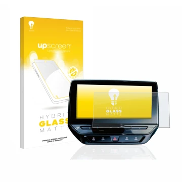 Face avant d’un emballage produit avec le logo de la marque upscreen. À côté, l’appareil Volkswagen ID.5 Discover Pro 12