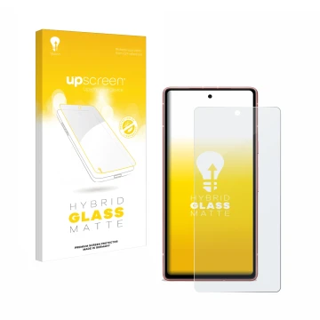 Face avant d’un emballage produit avec le logo de la marque upscreen. À côté, l’appareil Google Pixel 7a est représenté avec l