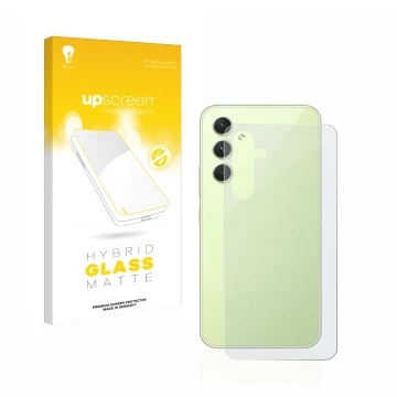 Face avant d’un emballage produit avec le logo de la marque upscreen. À côté, l’appareil Samsung Galaxy A54 5G (Arrière) est r