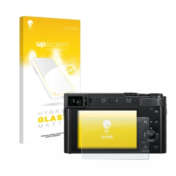 Face avant d’un emballage produit avec le logo de la marque upscreen. À côté, l’appareil Panasonic Lumix DC-TZ202D est représe