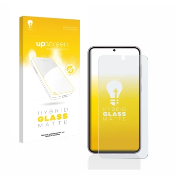 Face avant d’un emballage produit avec le logo de la marque upscreen. À côté, l’appareil Samsung Galaxy S23 Enterprise Edition