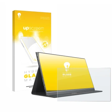 Face avant d’un emballage produit avec le logo de la marque upscreen. À côté, l’appareil Arzopa S1 Table 15.6