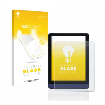 Face avant d’un emballage produit avec le logo de la marque upscreen. À côté, l’appareil Meebook M6 6