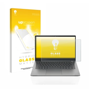 Face avant d’un emballage produit avec le logo de la marque upscreen. À côté, l’appareil Lenovo ThinkBook 14 Gen 4 est représe