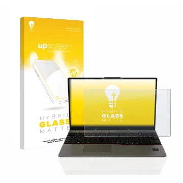 Face avant d’un emballage produit avec le logo de la marque upscreen. À côté, l’appareil Fujitsu Lifebook U7512 est représenté