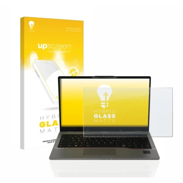 Face avant d’un emballage produit avec le logo de la marque upscreen. À côté, l’appareil Fujitsu Lifebook U7412 est représenté