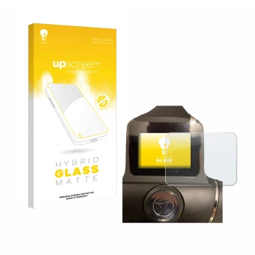 Face avant d’un emballage produit avec le logo de la marque upscreen. À côté, l’appareil Motocaddy M1 DHC Electric Trolley est