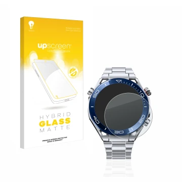 Face avant d’un emballage produit avec le logo de la marque upscreen. À côté, l’appareil Huawei Watch Ultimate (48.5 mm) est r