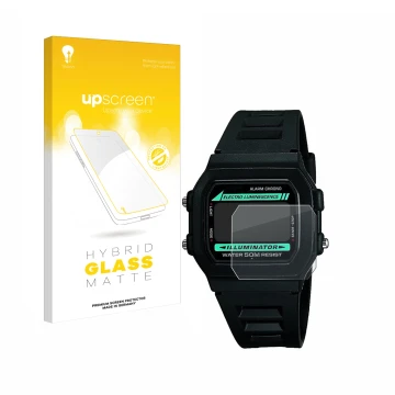 Face avant d’un emballage produit avec le logo de la marque upscreen. À côté, l’appareil Casio W-86-1VQES est représenté avec 