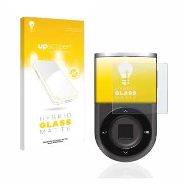 Face avant d’un emballage produit avec le logo de la marque upscreen. À côté, l’appareil D’CENT Biometric Wallet est représent