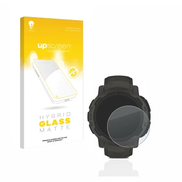 Face avant d’un emballage produit avec le logo de la marque upscreen. À côté, l’appareil Garmin Instinct 2 Solar est représent