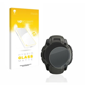 Face avant d’un emballage produit avec le logo de la marque upscreen. À côté, l’appareil Garmin Instinct 2X Solar est représen