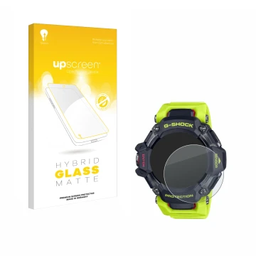 Face avant d’un emballage produit avec le logo de la marque upscreen. À côté, l’appareil Casio G-Shock GBD-H2000 est représent