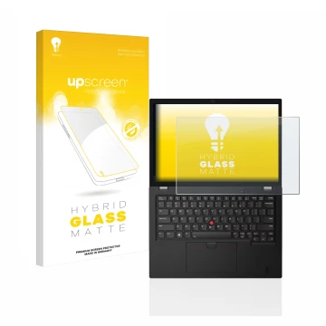 Face avant d’un emballage produit avec le logo de la marque upscreen. À côté, l’appareil Lenovo Thinkpad L13 Gen 3 est représe