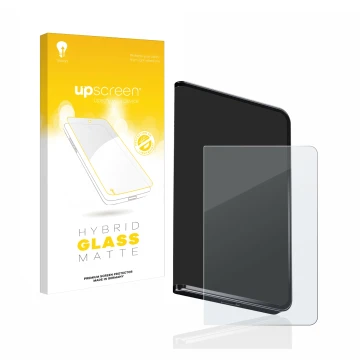 Face avant d’un emballage produit avec le logo de la marque upscreen. À côté, l’appareil Ledger Stax crypto wallet est représe