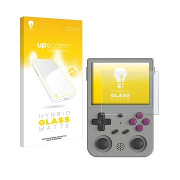 Face avant d’un emballage produit avec le logo de la marque upscreen. À côté, l’appareil Anbernic RG353V est représenté avec l