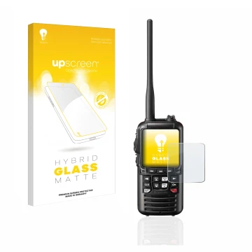 Face avant d’un emballage produit avec le logo de la marque upscreen. À côté, l’appareil Standard Horizon HX890 est représenté