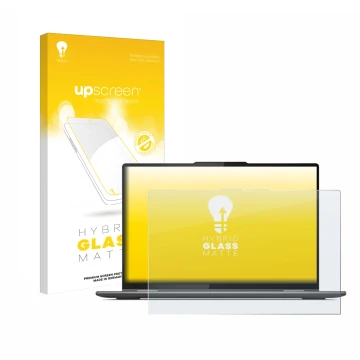 Face avant d’un emballage produit avec le logo de la marque upscreen. À côté, l’appareil Lenovo Yoga 7i Gen 8 16