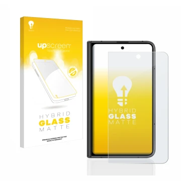 Face avant d’un emballage produit avec le logo de la marque upscreen. À côté, l’appareil Google Pixel Fold (Affichage externe)