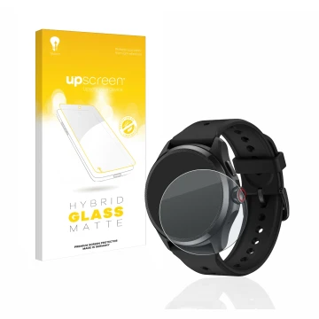 Face avant d’un emballage produit avec le logo de la marque upscreen. À côté, l’appareil Mobvoi TicWatch Pro 5 est représenté 