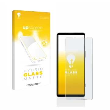 Face avant d’un emballage produit avec le logo de la marque upscreen. À côté, l’appareil Sony Xperia 1 V est représenté avec l