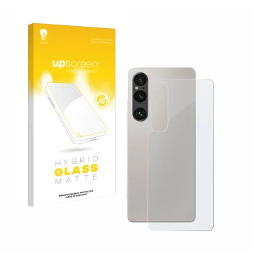 Face avant d’un emballage produit avec le logo de la marque upscreen. À côté, l’appareil Sony Xperia 1 V (Arrière) est représe
