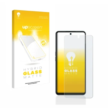Face avant d’un emballage produit avec le logo de la marque upscreen. À côté, l’appareil Oppo A98 5G est représenté avec la pr