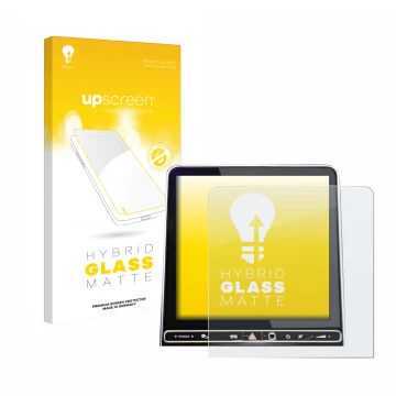 Face avant d’un emballage produit avec le logo de la marque upscreen. À côté, l’appareil Mercedes-Benz GLC X254 GPS Navigation