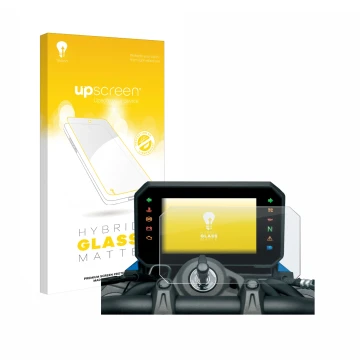 Face avant d’un emballage produit avec le logo de la marque upscreen. À côté, l’appareil Suzuki GSX-8S 2023 est représenté ave