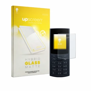 Face avant d’un emballage produit avec le logo de la marque upscreen. À côté, l’appareil Nokia 110 4G (2023) est représenté av