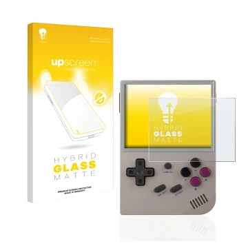Face avant d’un emballage produit avec le logo de la marque upscreen. À côté, l’appareil Anbernic RG35XX est représenté avec l