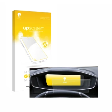 Face avant d’un emballage produit avec le logo de la marque upscreen. À côté, l’appareil Peugeot 2008 2022 Cockpit est représe