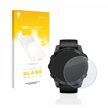 Face avant d’un emballage produit avec le logo de la marque upscreen. À côté, l’appareil Garmin Epix Pro (Gen 2) (47 mm) est r