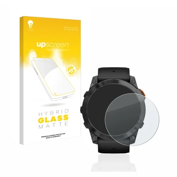 Face avant d’un emballage produit avec le logo de la marque upscreen. À côté, l’appareil Garmin Fenix 7X Pro Solar (51 mm) est