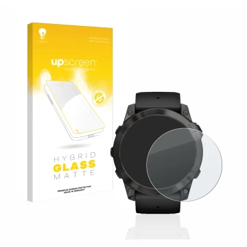 Face avant d’un emballage produit avec le logo de la marque upscreen. À côté, l’appareil Garmin Epix Pro (Gen 2) (51 mm) est r