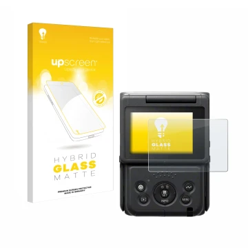 Face avant d’un emballage produit avec le logo de la marque upscreen. À côté, l’appareil Canon PowerShot V10 Vlog Camera est r