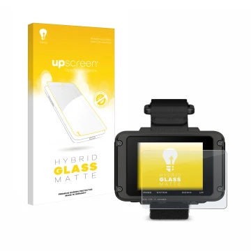 Face avant d’un emballage produit avec le logo de la marque upscreen. À côté, l’appareil Garmin Foretrex 801 est représenté av