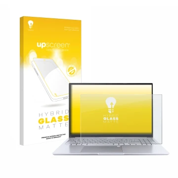 Face avant d’un emballage produit avec le logo de la marque upscreen. À côté, l’appareil ASUS Vivobook 16 M1605 est représenté