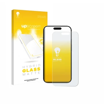 Face avant d’un emballage produit avec le logo de la marque upscreen. À côté, l’appareil Apple iPhone 15 est représenté avec l