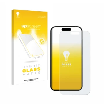 Face avant d’un emballage produit avec le logo de la marque upscreen. À côté, l’appareil Apple iPhone 15 Pro Max est représent