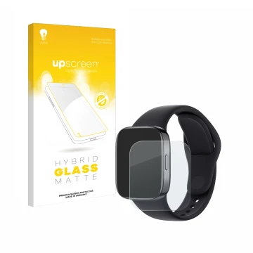 Face avant d’un emballage produit avec le logo de la marque upscreen. À côté, l’appareil Xiaomi Redmi Watch 3 est représenté a