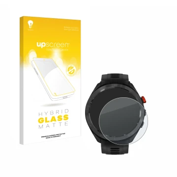 Face avant d’un emballage produit avec le logo de la marque upscreen. À côté, l’appareil Garmin Approach S70 (47 mm) est repré