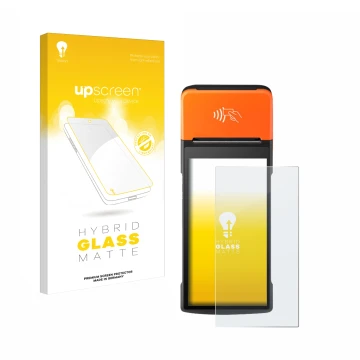 Face avant d’un emballage produit avec le logo de la marque upscreen. À côté, l’appareil Sunmi V2 Pro est représenté avec la p