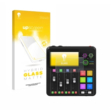 Face avant d’un emballage produit avec le logo de la marque upscreen. À côté, l’appareil Rode Rodecaster Duo est représenté av