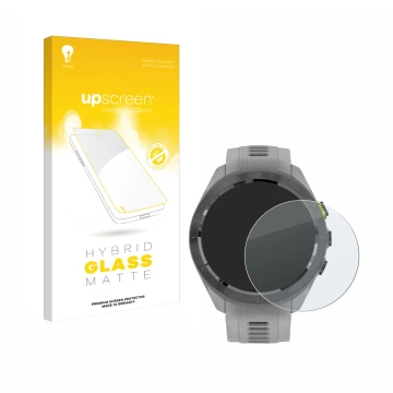 Face avant d’un emballage produit avec le logo de la marque upscreen. À côté, l’appareil Garmin Approach S70 (42 mm) est repré