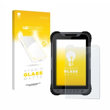 Face avant d’un emballage produit avec le logo de la marque upscreen. À côté, l’appareil Stonex UT32 Rugged Tablet est représe