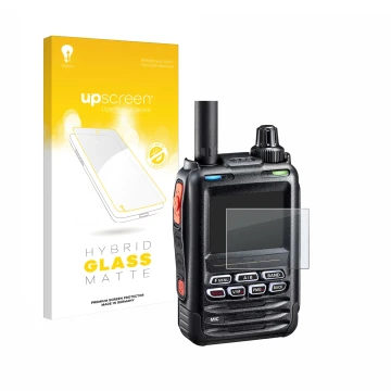 Face avant d’un emballage produit avec le logo de la marque upscreen. À côté, l’appareil Yaesu FT-5DE/DR est représenté avec l